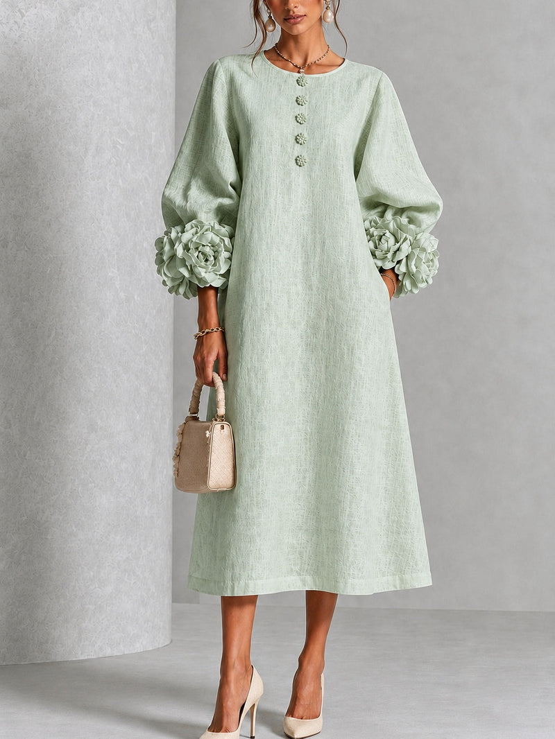 Sage Green Midi Dress with Floral Buttons and Striking Floral Cuffs
